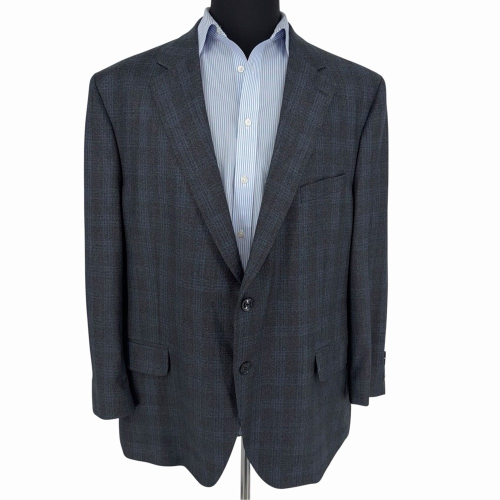 Peter Millar Mens 48R Sport Coat Suit Jacket Blue Grey Plaid Check Wool 2-Button
